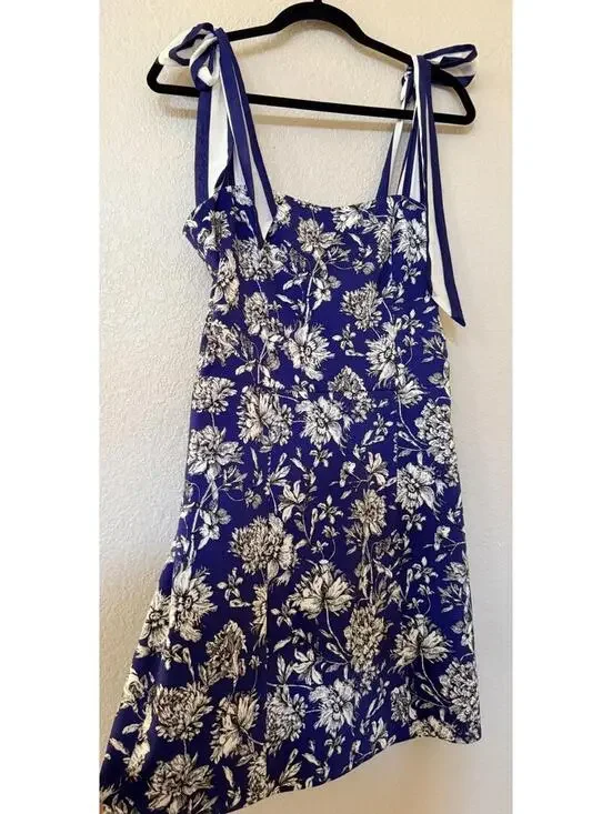 New Alice and Olivia Maryann Floral Tie Shoulder Dress Indigo Multi Sz 10 $440 - Picture 8 of 14